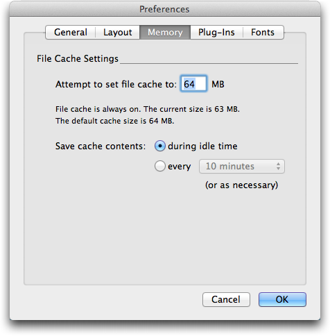 Specify the size of FileMaker’s cache and how often your work is moved from the cache to your hard drive. (Nerds call that flushing the cache.) A larger cache yields better performance but leaves more data in RAM. If you’re working on a laptop, you can conserve battery power by saving cache contents less frequently. But infrequent cache saving comes with some risk: In case of a power outage or other catastrophe, the work that’s in cache is lost for good.