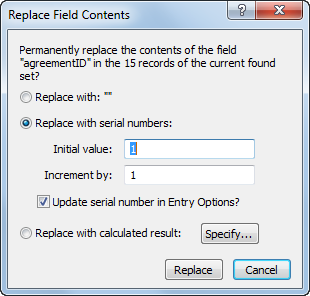 In the Replace Field Contents dialog box, the default button is not the one that does the action you’ve just set up. The Replace command can’t be undone, so FileMaker is saving you from unintentionally destroying good data if you hit Enter too soon. Instead, pressing Enter cancels the replacement and leaves everything as it was. Replace Field Contents is a lifesaver when you have to retrofit a table with a key field after you’ve created records. However, replacing data after you’re created relationships between tables is risky—if the value in the key field in either table changes, the child record gets disconnected from its parent.