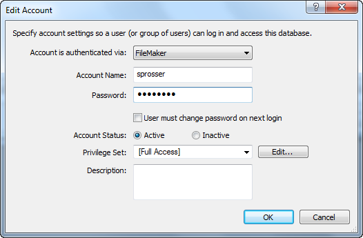 Account Names appear in the Account Name box just as you type them, but characters in the password box are obscured by a password font. That keeps your typing safe from someone who may be looking at your computer screen over your shoulder, but it does mean that you have to be very careful as you type. Because once you add a password to an account, even you can never see what was entered in the box. (Go to Chapter 19 to read all about security.)