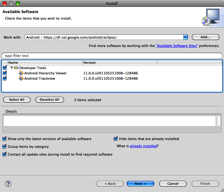 The Eclipse Install dialog with the Android Hierarchy Viewer plug-in shown as available