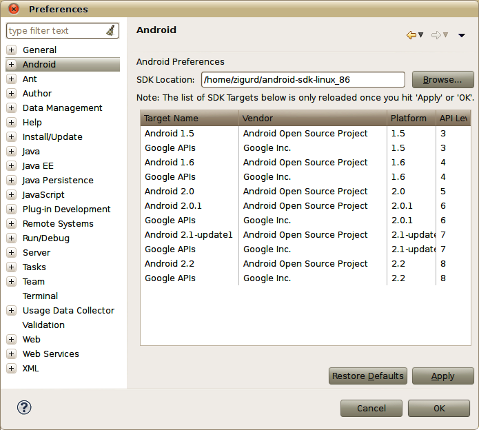 Configuring the SDK location into the Eclipse ADT plug-in using the Android Preferences dialog