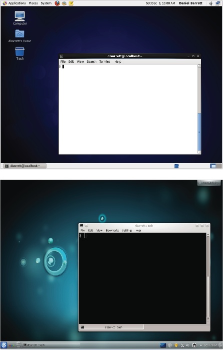 Graphical desktops (CentOS Linux with GNOME, Ubuntu with KDE). Desktops can look wildly different, depending on your distro and system settings.