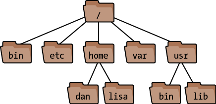 A Linux filesystem (partial). The root folder is at the top. The “dan” folder’s full path is /home/dan.