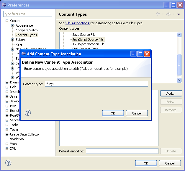 Eclipse PDT Add Content Type Association dialog box