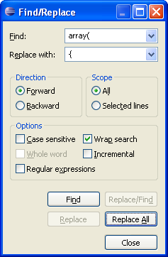 Eclipse PDT Find/Replace dialog box