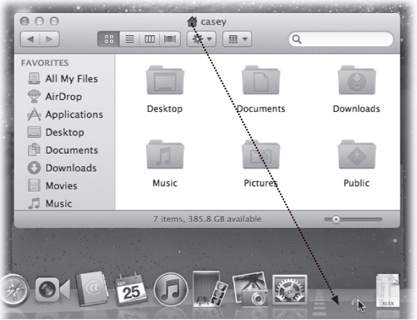 When you find yourself confronting a Finder window that contains useful stuff, consider dragging its proxy icon to the Dock. That will install its folder or disk icon there for future use. It’s not the same as minimizing the window, which puts the window icon into the Dock only temporarily. (Note: Most document windows also offer a proxy-icon feature, but it usually produces only an alias when you drag the proxy to a different folder or disk.)