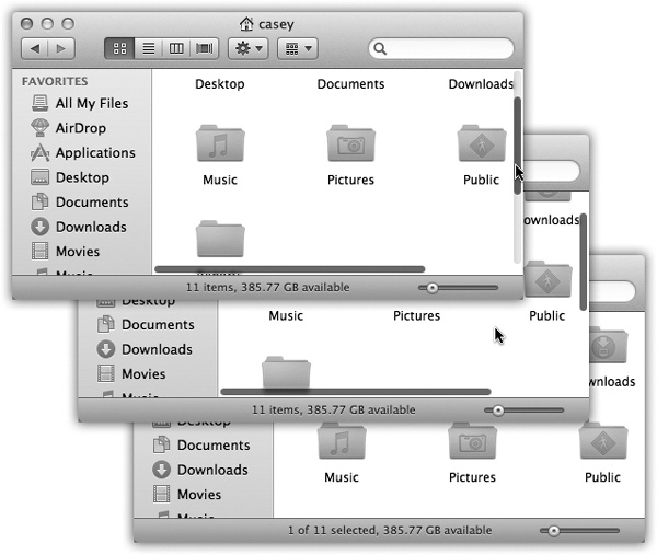 In Lion, scroll bars don’t appear at all while you’re working (lower right); you have that much more screen area dedicated to your work. If you begin to scroll by sliding your fingers across the trackpad or Magic Mouse, only the scroll-bar handle appears, so you know where you are (middle). The actual scroll bar—the track itself—doesn’t appear until you move your cursor onto it (top left).