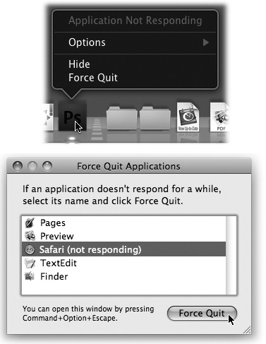 Top: You can force quit a program from the Dock—by pressing Option as you click-and-hold (or after you’ve Control-clicked). Or, if the Mac knows that the program has frozen, this command says Force Quit without your needing the Option key.Bottom: When you press Option--Esc or choose Force Quit from the menu, a tidy box listing all open programs appears. Just click the one you want to abort, click Force Quit, and click Force Quit again in the confirmation box. (Using more technical tools, like the Unix kill command, there are other ways to jettison programs. But this is often the most convenient.)