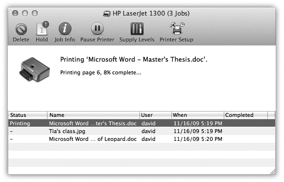 Waiting printouts appear in this window. You can sort the list by clicking the column headings (Name or Status), make the columns wider or narrower by dragging the column-heading dividers horizontally, or reverse the sorting order by clicking the column name a second time. The Supply Level button opens a graph that shows how much ink each cartridge has remaining (certain printer models only).