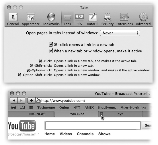 Top: Set up tabbed browsing in Safari’s Preferences→Tabs window. (For best results, turn on “When a new tab or window opens, make it active.”)Bottom: Now, when you -click a link, or type an address and press -Return or -Enter, you open a new tab, not a new window as you ordinarily would. You can now pop from one open page to another by clicking the tabs just under your Bookmarks bar, or close one by clicking its button (or pressing -W).