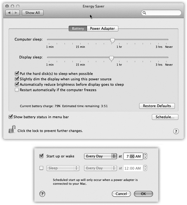 Top: Here’s what Energy Saver looks like on a laptop. In the “Display sleep” option, you can specify an independent sleep time for the screen.Bottom: Here are the Schedule controls—the key to the Mac’s self-scheduling abilities.