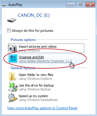 Adobe’s Photo Downloader is yet another program you get when you install Elements. Its job is to pull photos from your camera (or other storage device) into the Organizer. To use the Downloader in Windows 7 or Vista, just click “Organize and Edit using Adobe Elements Organizer 11.0” (circled) when this AutoPlay dialog box appears. (If you use Windows XP, you’ll see a dialog box with similar options.) After the Downloader does its thing, you end up in the Organizer.