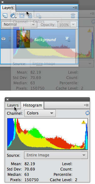 You can combine two or more panels once you’ve dragged them out of the Panel Bin.Top: Here, the Histogram panel is being combined with the Layers panel. To combine panels, drag one of them (by clicking the tab at the top of the panel) onto the other. When the moving panel becomes ghosted and you see the blue outline shown here, they’ll combine as soon as you let go of your mouse button.Bottom: To switch from one panel to another after they’re grouped, just click the tab of the one you want to use. Here you see the mouse ready to click the Layers panel’s tab to switch over to it from the Histogram panel. To remove a panel from a group, simply drag its tab out of the group. To return everything to how it looked when you first entered the Custom Workspace, go to Window→Reset Panels.