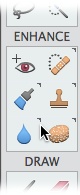 When you move your mouse over a section of the toolbox that has subtools nested in with the visible tools, you see these minute arrows next to the tool icons. Here you can see that all the tools in the Enhance section except the Red Eye tool have more tools grouped with them. Unlike in earlier versions of Elements, you can’t right-click a tool’s icon or hold the mouse down to see the subtools; but you can cycle through all the tools that share a slot by Alt-clicking/Option-clicking the icon repeatedly, or just look in the Tool Options area at the bottom of the Elements window.Incidentally, whether or not you see the category names (like the Enhance and Draw labels shown here) depends on your screen resolution. If your screen is so short that the Tools panel would be cut off if the names were displayed, Elements just doesn’t show them.