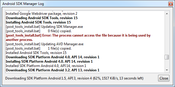 Android SDK Manager Log window