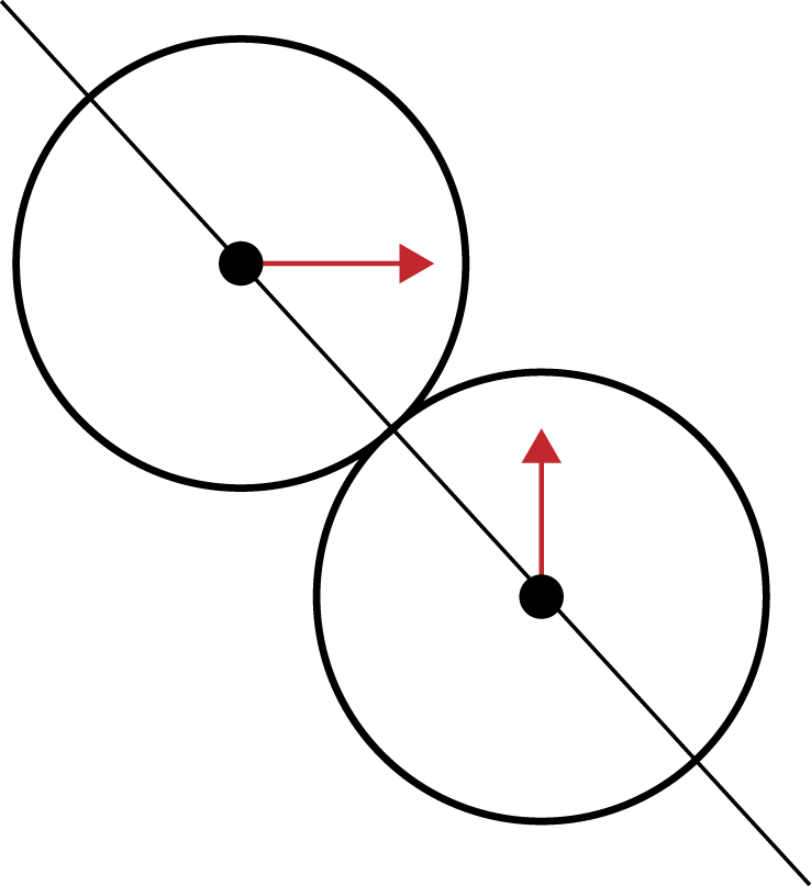 Two balls colliding at different angles with a line of action drawn between them