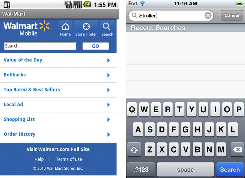 Walmart, search button on screen; Target, search button on keyboard
