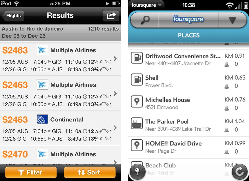 Results in a table: Kayak and Foursquare