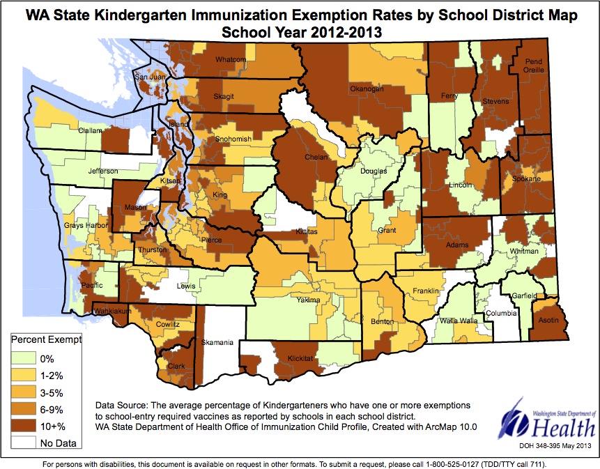 Local areas where vaccination acceptance rate is low. (Courtesy of Washington State Department of Health.)http://1.usa.gov/1gpXxc7