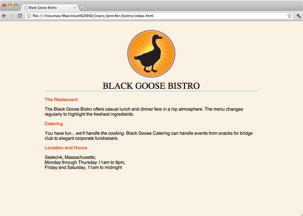 The Black Goose Bistro page after CSS style rules have been applied.