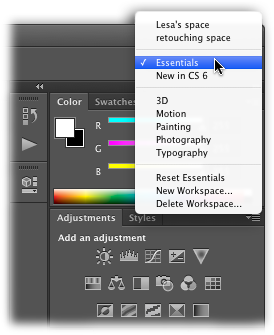 Most of the built-in workspaces are designed to help you perform specialized tasks. For example, the Painting workspace puts the Brushes and Navigation panels at the top right and groups together the color-related panels you’ll undoubtedly use when painting. Take the built-in workspaces for a test drive—they may give you customization ideas you hadn’t thought of. If you’re familiar with Photoshop but new to this version, try out the “New in CS6” workspace, which highlights all the menu items that include new features—a great way to see the additions at a glance.