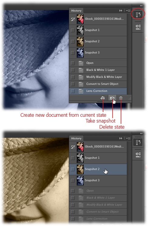 Top: The History panel keeps track of everything you do to your images, beginning with opening them. You can even take snapshots of an image at crucial points during the editing process, like when you convert it to black and white and add a color tint.Bottom: If you take a snapshot, you can revert to that state later with a single click. For example, if you’ve given your image a sepia (brown) tint and later changed it to blue, you can easily go back to the sepia version by clicking the snapshot you took of it, as shown here, without having to step back through all the other changes you made. What a timesaver!