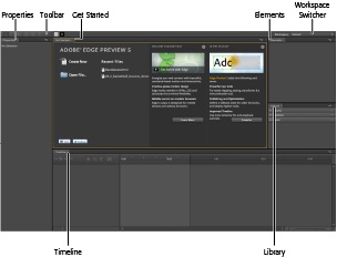 The Edge workspace consists of a few movable and resizable panels. Initially, the stage displays getting started info. After you create a new document, you use the stage as your canvas to display the graphic elements in your animation.