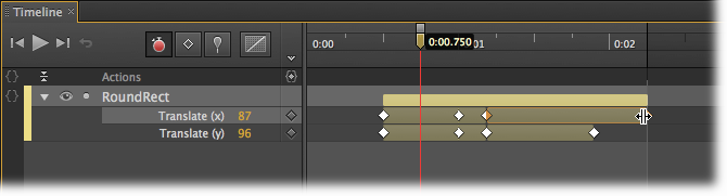 You can change the duration of a transition by dragging the keyframe at the beginning or the end. Here, the keyframe at the end of the Translate (x) property is being dragged down the Timeline, extending the transition. RoundRect will continue to move horizontally after the vertical motion stops.