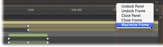 When the timeline seems too small for serious work, use the Maximize Frame command shown here. After using the command, the timeline will fill the available space hiding the other panels, but giving your room for serious timeline manipulation.