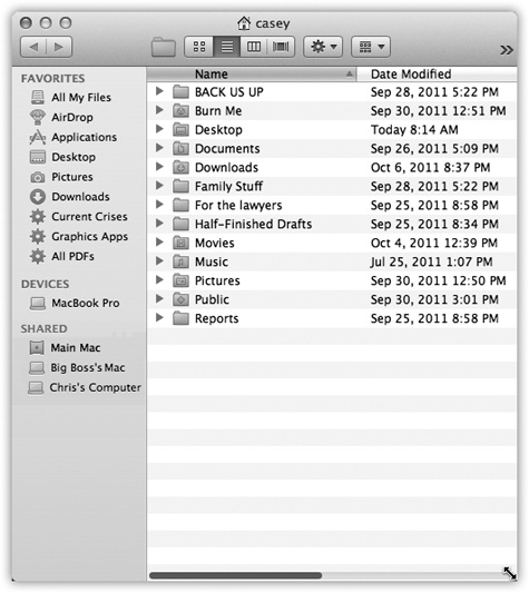 The Sidebar makes navigation very quick, because you can jump back and forth between distant corners of your Mac with a single click. In column view, the Sidebar is especially handy because it eliminates all the columns to the left of the one you want, all the way back to the hard-drive level. You’ve just folded up your desktop! Good things to put here: favorite programs, disks on a network you often connect to, a document you’re working on every day, and so on. Folder and disk icons here work just like normal ones. You can drag a document onto a folder icon to file it there, drag a document onto a program’s icon to open it with the “wrong” program, and so on.