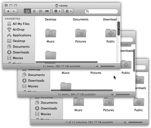 In Mountain Lion, scroll bars don’t appear at all while you’re working (bottom); you have that much more screen area dedicated to your work. If you begin to scroll by sliding your fingers across the trackpad or Magic Mouse, only the scroll-bar handle appears, so you know where you are (middle).If you point to the scroll bar, it fattens up so you can operate it more easily (top).