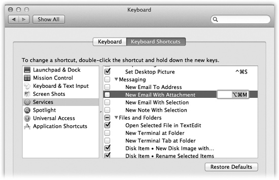 The keyboard-shortcut center lets you redefine the keystrokes that trigger many basic OS X features, menu commands in your programs, and software you’ve built yourself using Automator, the Mac’s build-your-own software software.