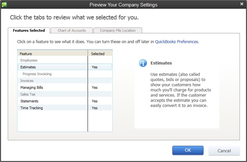 You can’t use this dialog box to change the features listed on the Features Selected tab. However, you can adjust those settings later in the Preferences dialog box (page 608). To modify the accounts in your company file or where the file is stored, click the Chart of Accounts or Company File Location tabs, respectively.