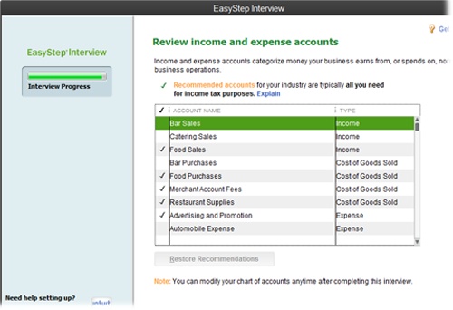QuickBooks places a checkmark in front of the accounts that are typical for your industry. Click the checkmark cell for an account to add one that the program didn’t select, or click a cell with a checkmark to turn that account off. You can also drag your cursor over checkmark cells to turn several accounts on or off.