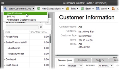 To create a new customer in the Customer Center, click New Customer & Job and then choose New Customer. To view a customer’s details and transactions, click the customer’s name in the Customers & Jobs list on the left side of this window. If the Transactions tab is selected instead of the Customers & Jobs tab, you’ll see the New Customer feature on the Customer Center menu bar; clicking it opens the New Customer window immediately.