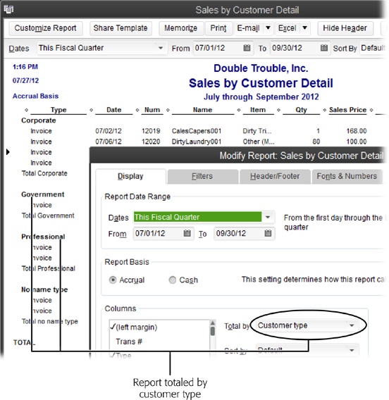 The Sales by Customer Detail report initially totals income by customer. To subtotal income by customer type (in this example, corporate, government, professional, and so on), click Customize Report in the report window’s button bar. On the Display tab of the dialog box that appears, choose “Customer type” in the “Total by” drop-down list (circled), and then click OK.