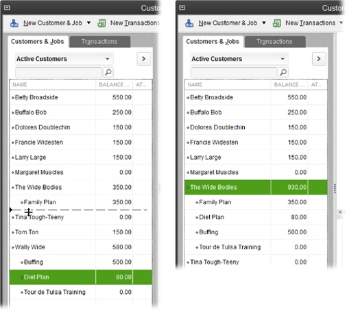 Left: When your cursor changes to a four-headed arrow, drag within the Customers & Jobs tab to move the job. As you drag, a horizontal line between the two arrowheads shows you where the job will go when you release the mouse button.Right: After reassigning all the jobs to the customer you intend to keep, you can merge the now-jobless customer into the other. When the merge is complete, you see only the customer you kept.