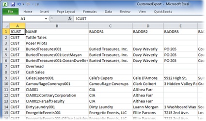 A file you import has to use field names that match QuickBooks’. For example, replace a Street_Address heading with BADDR1, which is the keyword for the first address line field in QuickBooks, and a Last_Name heading with LASTNAME. The first column has to include the keywords QuickBooks uses to identify customer (CUST) or vendor (VEND) records. And the first cell in the first row of a customer import file has to contain the text “!CUST,” as shown here. (The first cell in the first row of a vendor import file has to contain “!VEND” instead.)