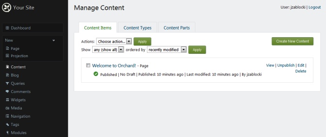 The content management admin page
