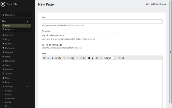 The new page admin screen
