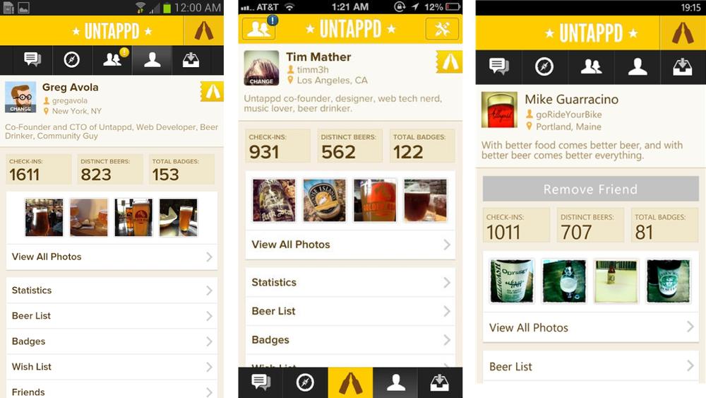 Untappd (created by PhoneGap) is an example of a hybrid mobile app. It is shown here (left to right) on Android, iOS, and Windows Phone, respectively. Untappd has a native app look and feel, and it even follows each platform’s specific UI principles (e.g., the tabs location), strengthening platform affinity.