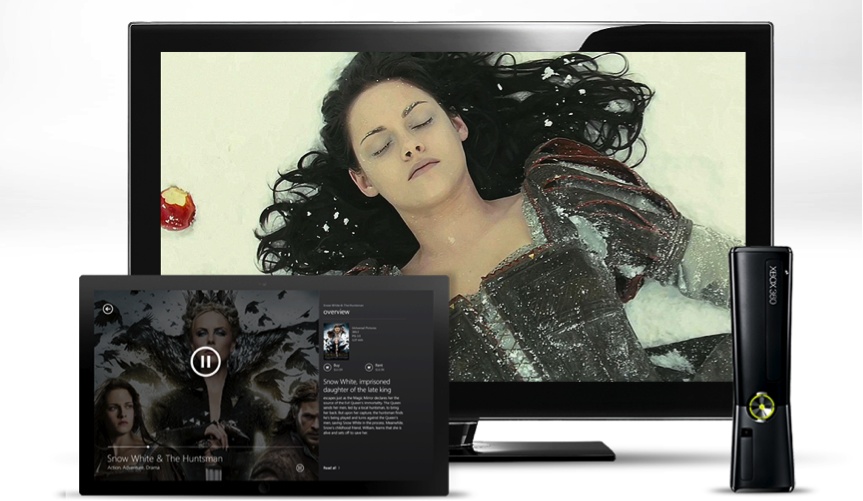 The Xbox SmartGlass ecosystem—the tablet enriches the Xbox experience with complementary information, interactive guides, and more. In this example, while watching Snow White and the Huntsman from Universal Pictures on the big screen, users can use their tablets to control the movie play (pause, change volume, etc.) as well as get related content.