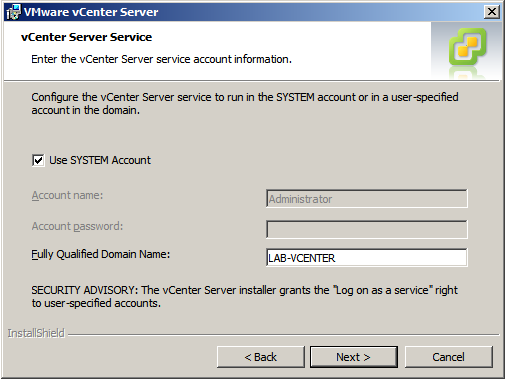 vCenter Server Database credentials