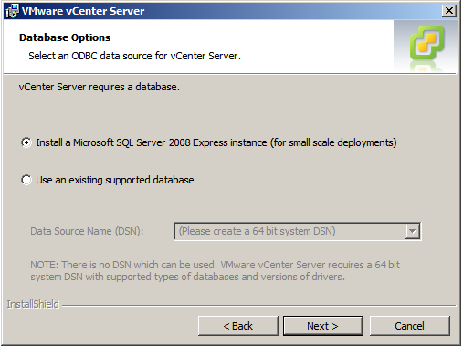 vCenter Server Database selection