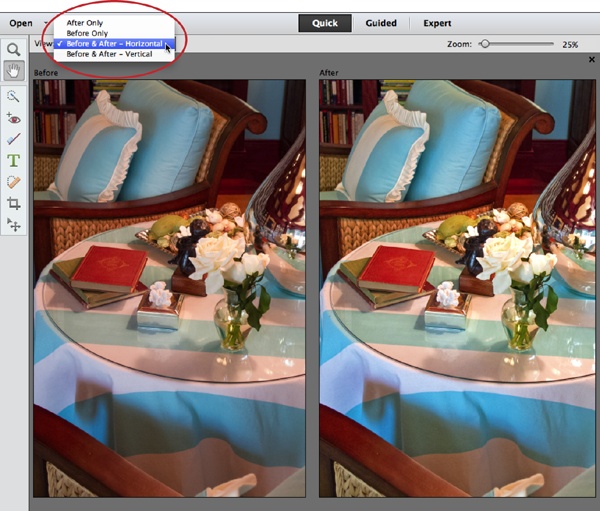 The Quick Fix window’s before-and-after views make it easy to see how you’re changing a photo. This is “Before & After - Horizontal” view, which displays the two versions side by side. To see them one above the other, choose “Before & After - Vertical” instead.If you want a more detailed view, use the Zoom tool or the Zoom slider at the top of the window to focus on just a portion of the image.