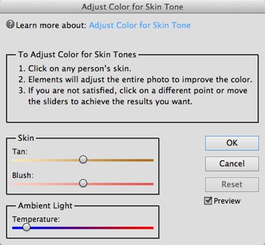 When this dialog box appears, your cursor turns into a little eyedropper when you move it over your photo. Just click the best-looking area of skin you can find. Clicking different spots gives different results, so you may want to experiment by clicking various places.You can’t drag the dialog box’s sliders until after you click. Once Elements adjusts the photo based on your click, use the sliders to fine-tune the results.