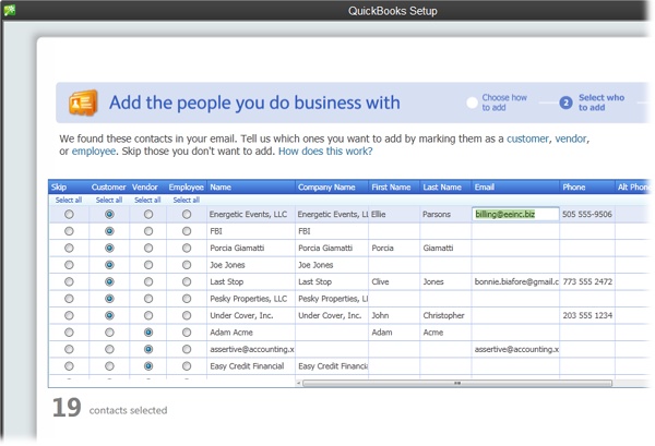 Initially, QuickBooks selects the Skip option (the far left column) for all the names. That way, you can select the option in the Customer, Vendor, or Employee column for each name you want to import to designate whether it’s a customer, vendor, or employee. You can also select a cell with info in it (like a name or an email address) and edit the info.