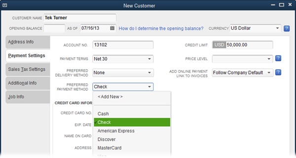 Several of the fields on this tab use QuickBooks’ lists. To jump directly to the list entry you want, in any text box with a drop-down list, type the first few characters of the entry. QuickBooks selects the first entry that matches what you’ve typed and continues to reselect the best match as you continue typing. You can also scroll to the entry in the list and click to select it. If the entry you want doesn’t exist, click <Add New> to create it.