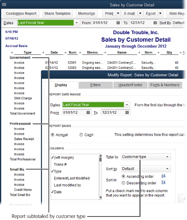 The Sales by Customer Detail report initially totals income by customer. To subtotal income by customer type (in this example, corporate, government, professional, and so on), click Customize Report in the report window’s button bar. On the Display tab of the dialog box that appears, choose “Customer type” in the “Total by” drop-down list, and then click OK.