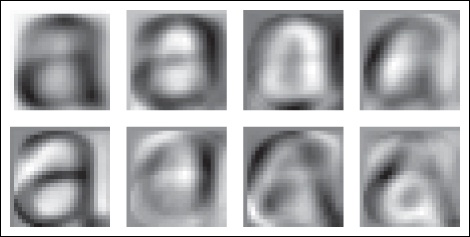 The mean image (top left) and the first seven modes; that is, the directions with most variation.